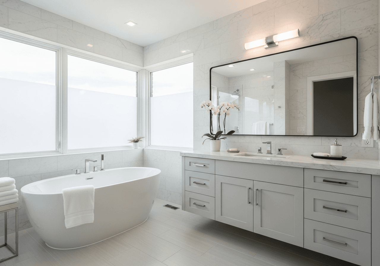 Bathroom with elegant frosted privacy window film