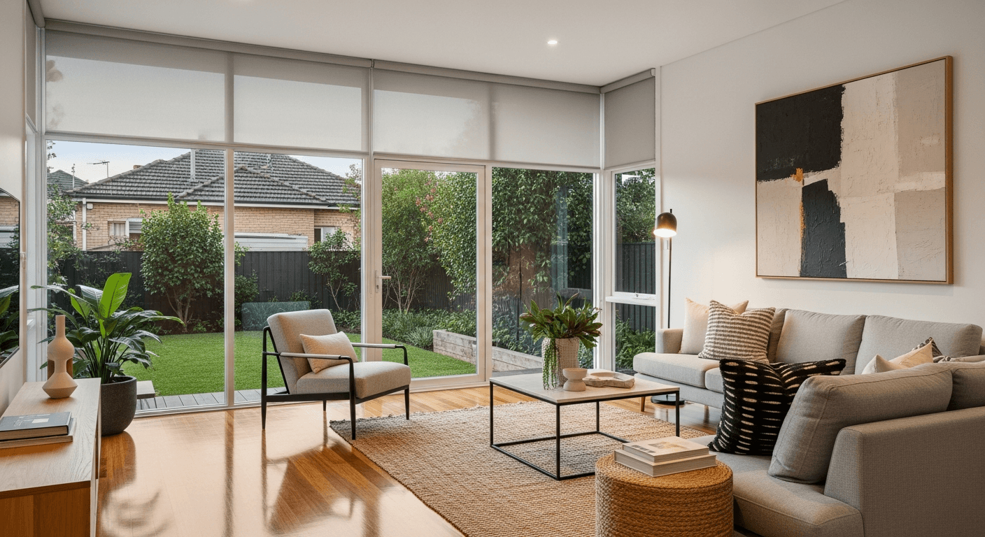 Living room with tinted windows showing natural light